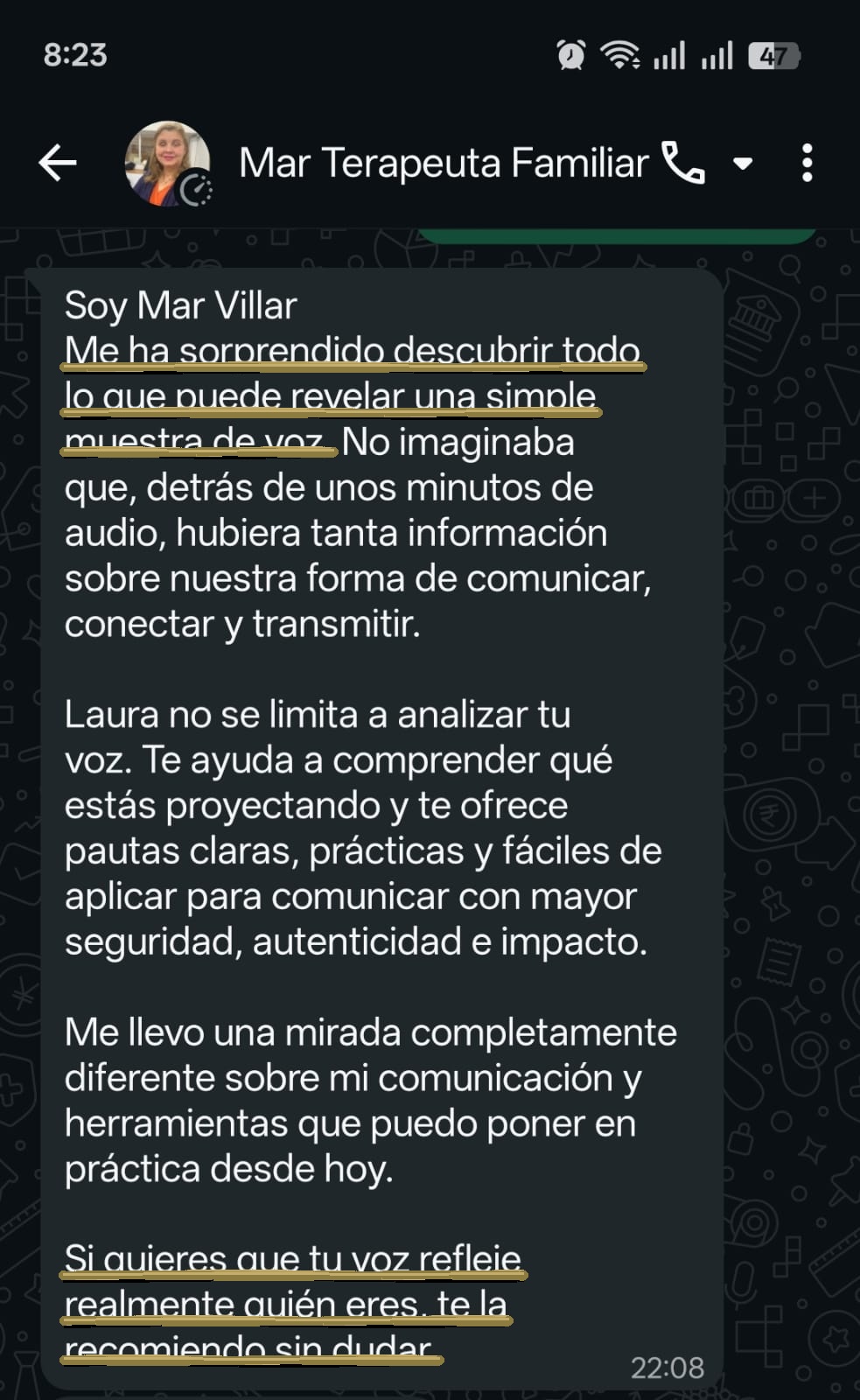 Testimonio de Mar Villar por WhatsApp